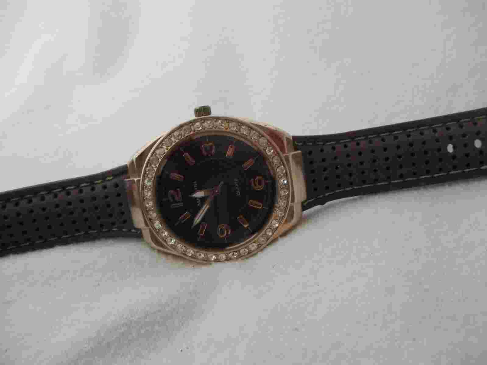 Massini Watch Brown Buckle Band Round Face Gold Toned Rhinestones