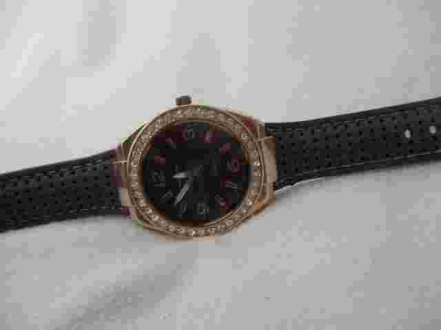 Massini Watch Brown Buckle Band Round Face Gold Toned Rhinestones