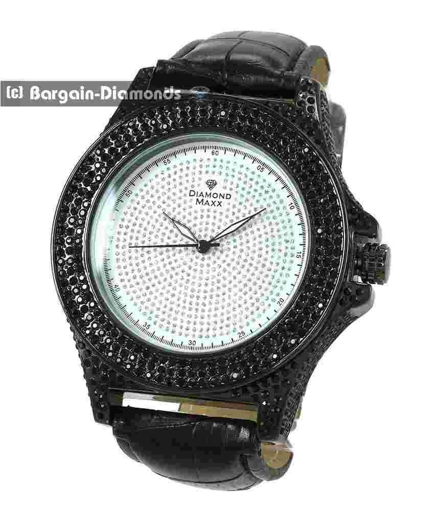Mens 50 mm Diamond Black CZ Ice Out White Dial Clubbing Watch Leather 8"-10"