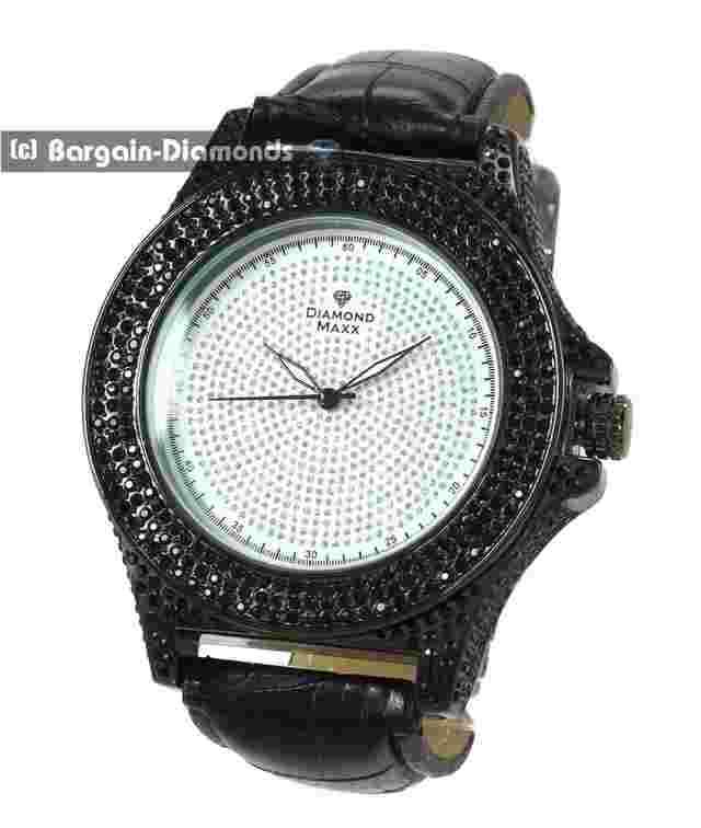 Mens 50 mm Diamond Black CZ Ice Out White Dial Clubbing Watch Leather 8"-10"