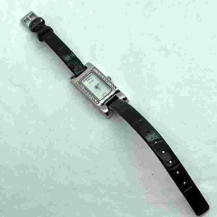 Oasis Ladies Watch Gemmed Silver Tone Case Black Leather Strap Working Quartz