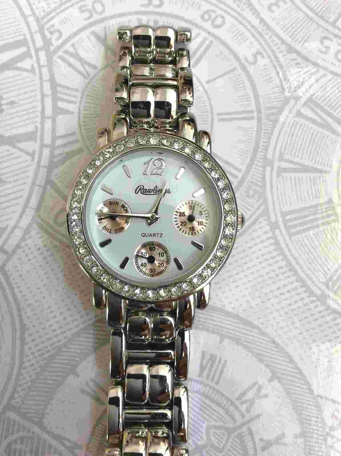 Rawlings Silver Women's Watch Crystal Round White Chronograph Dial Silver Band!