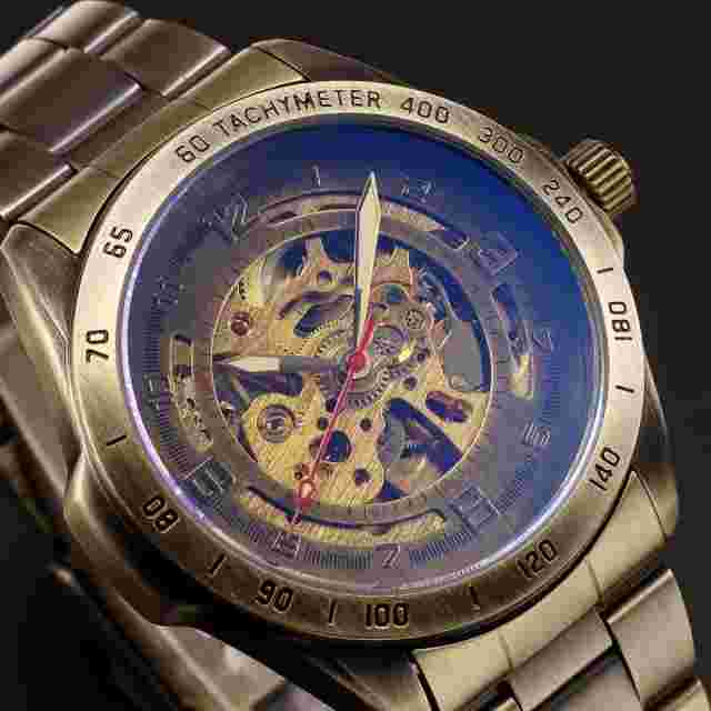 BATMI Bronze Steampunk Skeleton Automatic Watch  42mm Waterproof 14mm Thickness