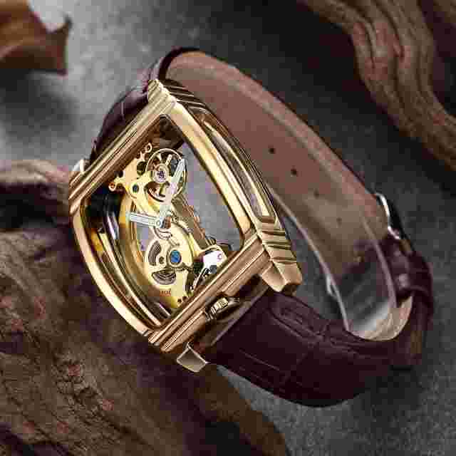 Luxury Watch Men's Auto Mechanical Wrist Watches Rectangle Steel Case Skeleton