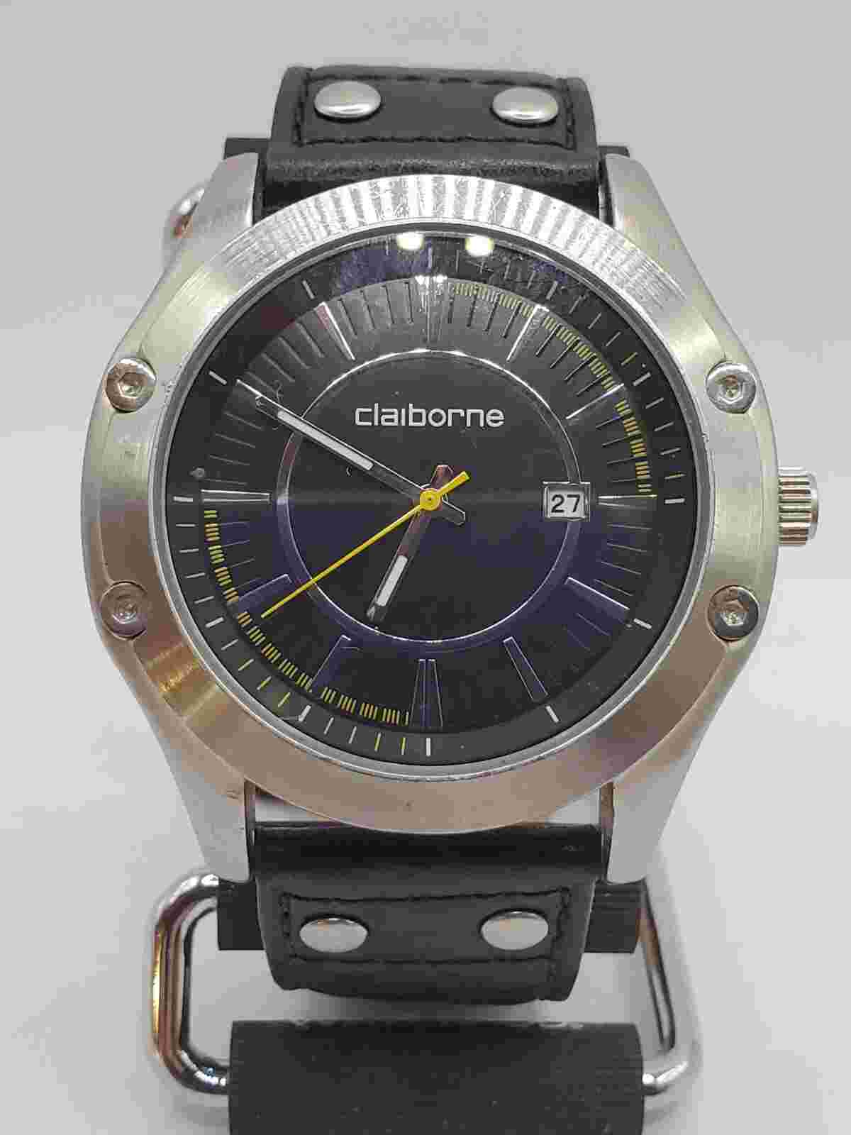 Claiborne Ladies Quartz Watch 47mm Round Silver Tone 24mm Black Leather Band