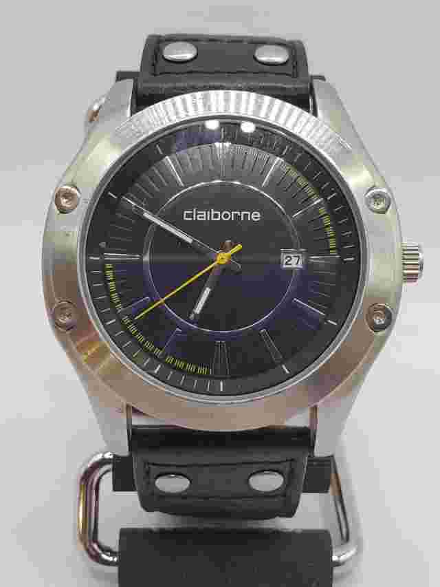 Claiborne Ladies Quartz Watch 47mm Round Silver Tone 24mm Black Leather Band
