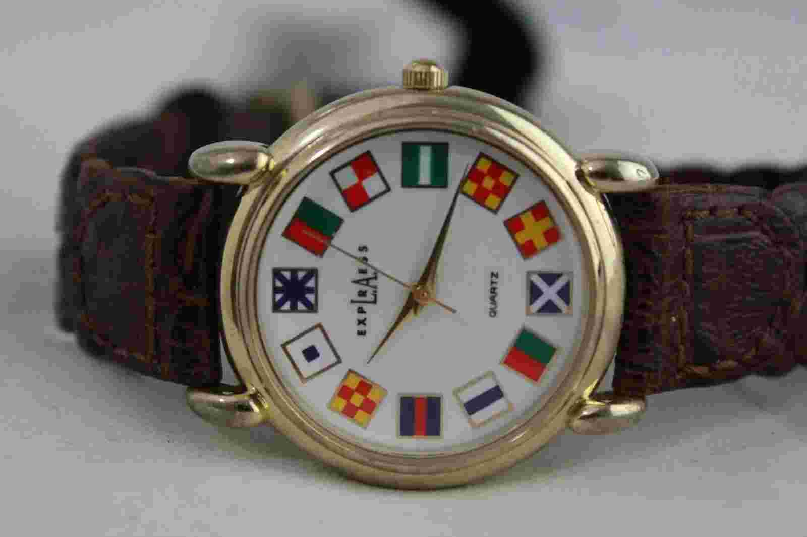 Vintage LA Express Gold World Flags Braided Leather Quartz Watch Hour~New Batter