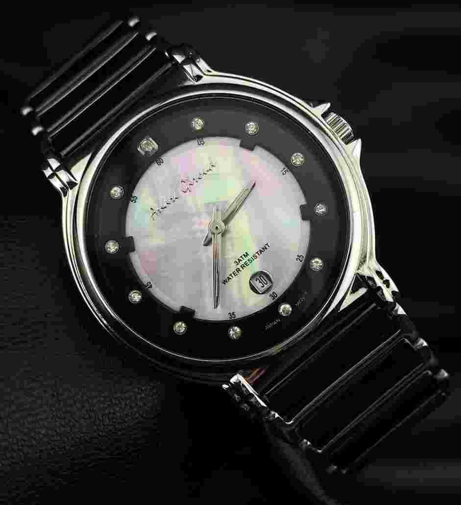 Andre Giroud Diamond Bezel Stainless Black Onyx MOP Date Dial Elegant Watch RARE