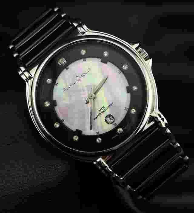 Andre Giroud Diamond Bezel Stainless Black Onyx MOP Date Dial Elegant Watch RARE