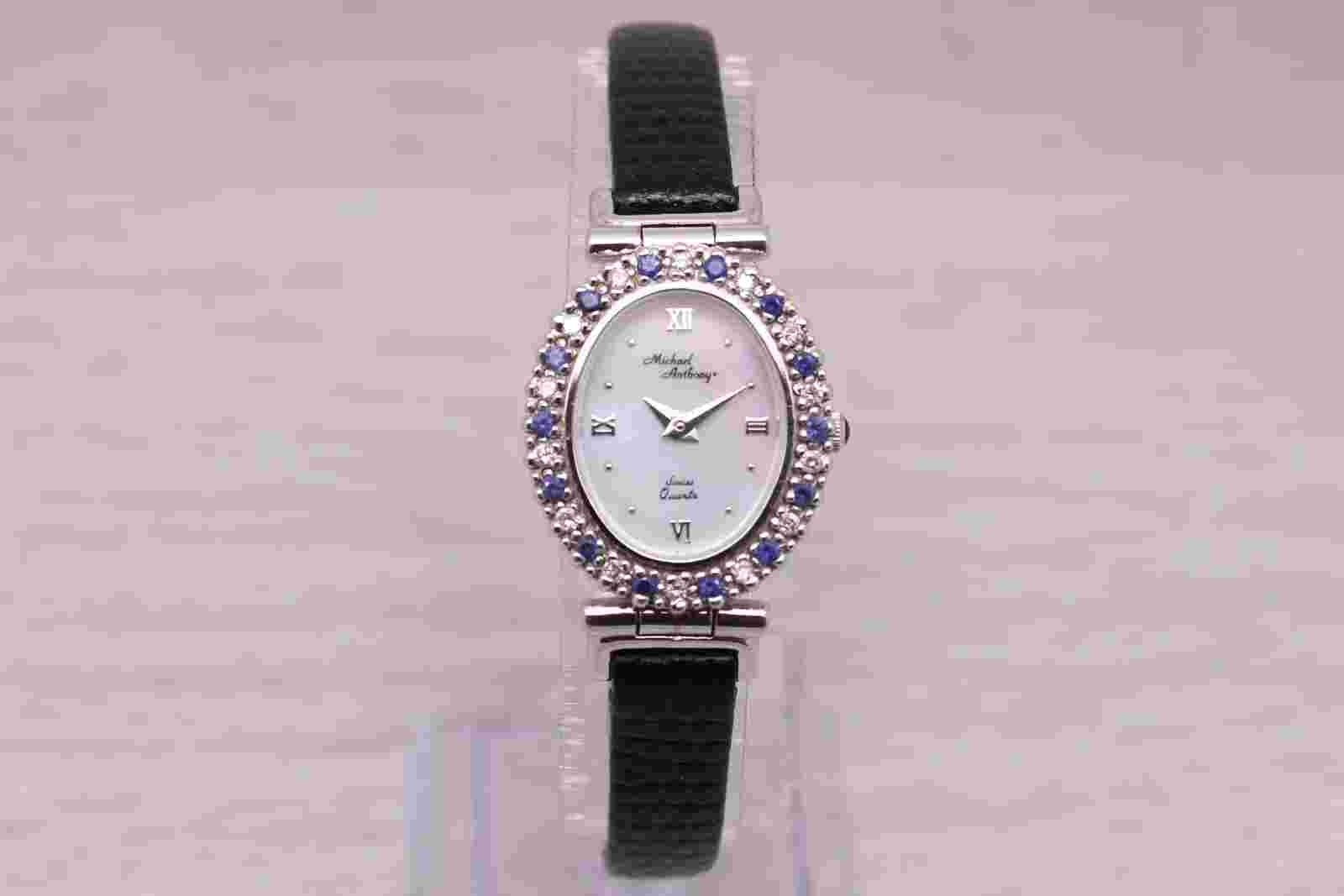 Michael Anthony 14k White Gold Diamond & Sapphire Ladies Quartz Watch MOP Dial