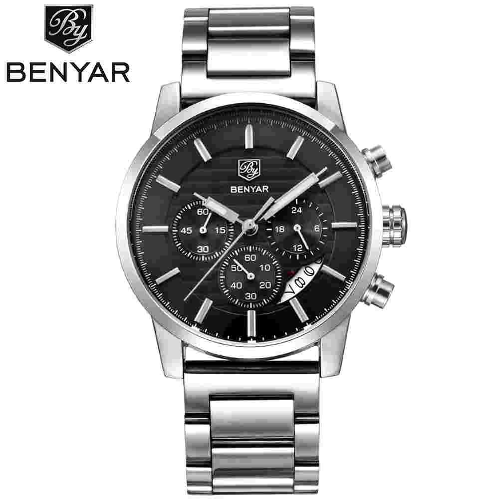 BENYAR Stainless Steel Watch Men Business Quartz Watch Military Sport Wristwatch