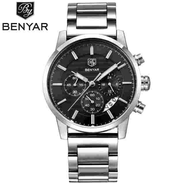 BENYAR Stainless Steel Watch Men Business Quartz Watch Military Sport Wristwatch