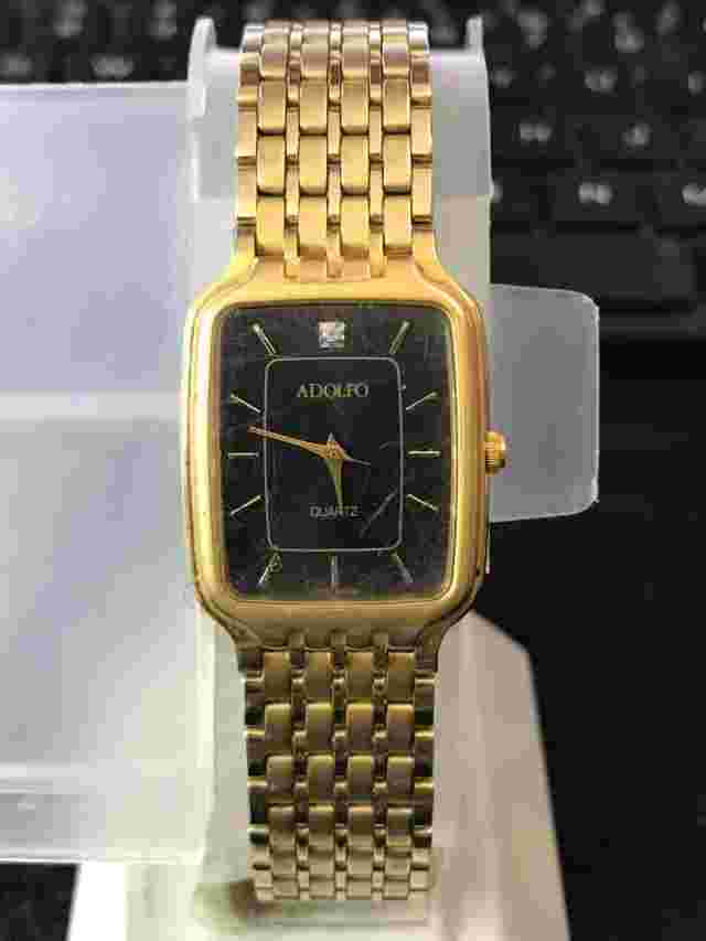 ADOLFO Diamond 25mm Black Dial Golden Tank Ladies Quartz Watch Run (Y87)