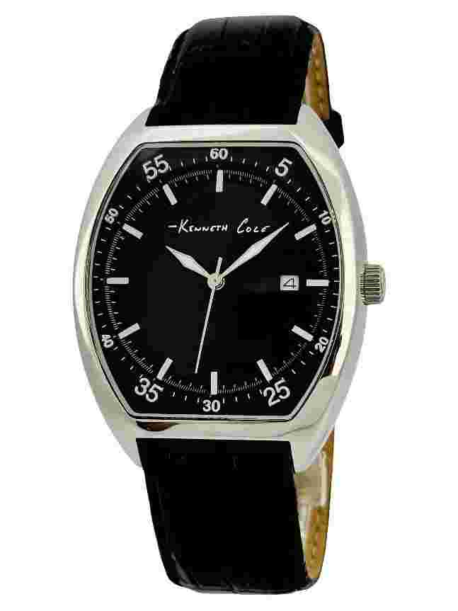 Kenneth Cole KC1227 Tonneau / Barrel Shape Case Black Leather Strap Watch