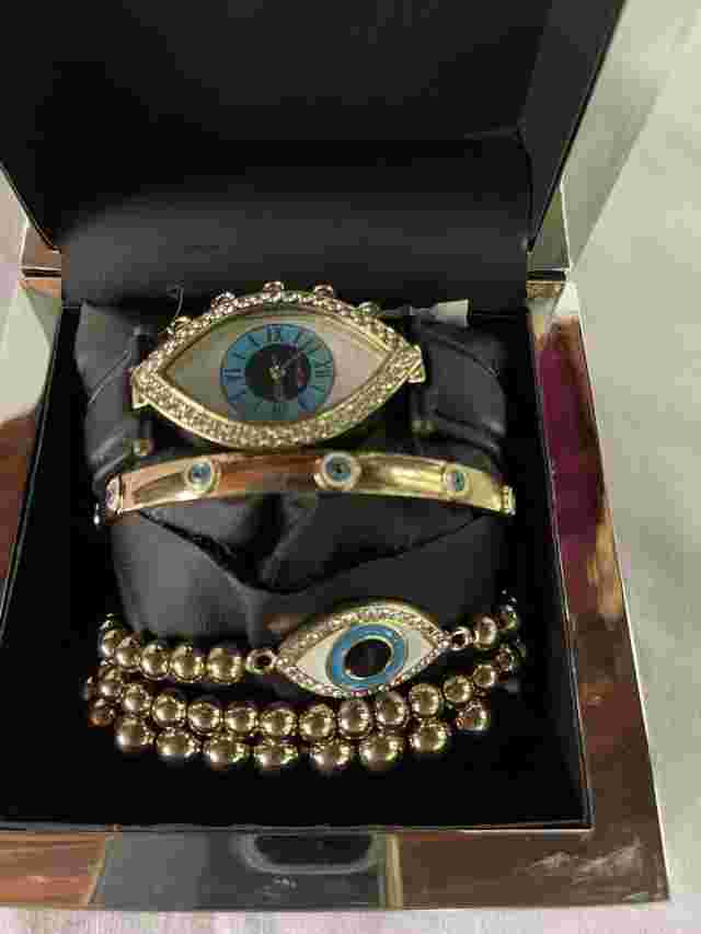 Bebe Watch Set Women Gold Tone Evil Eye Black  Band New in Box READ