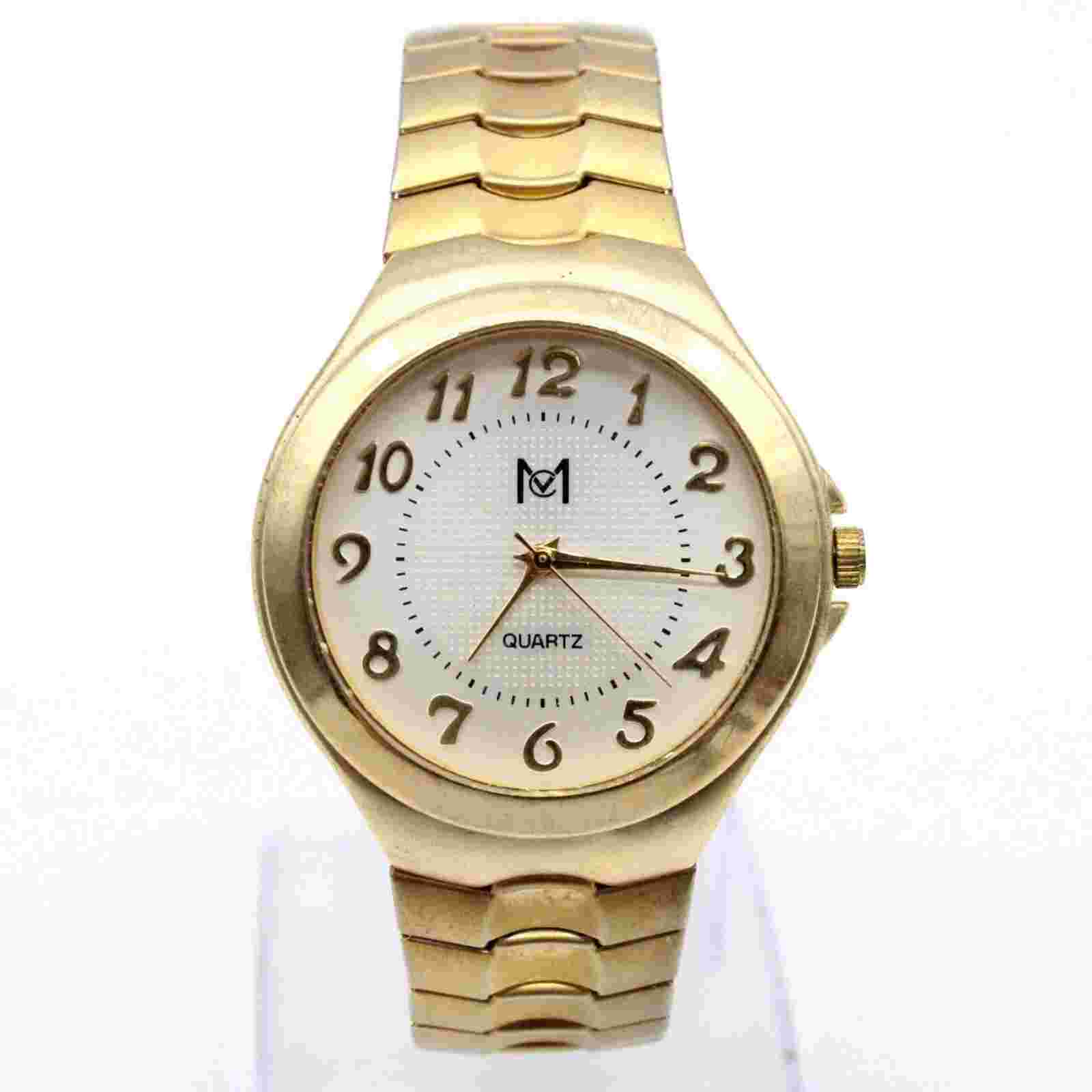 MC Watch Mens Gold Tone Classic Beige Dial Big Numbers Expandable Band Rare