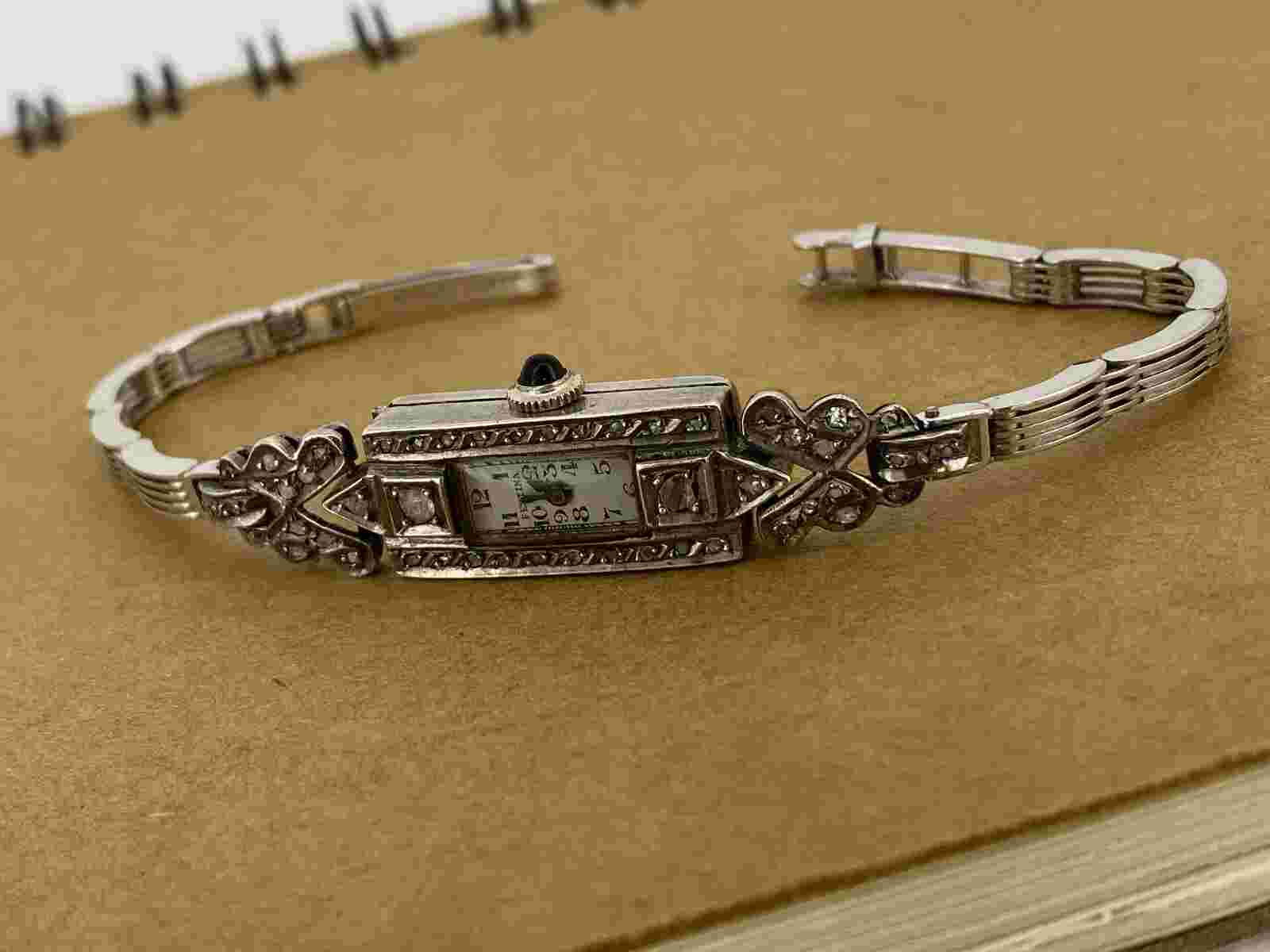 An Art-Deco 9K Gold, Silver, Marcasite Rectangle Swiss Ladies’ Cocktail Watch