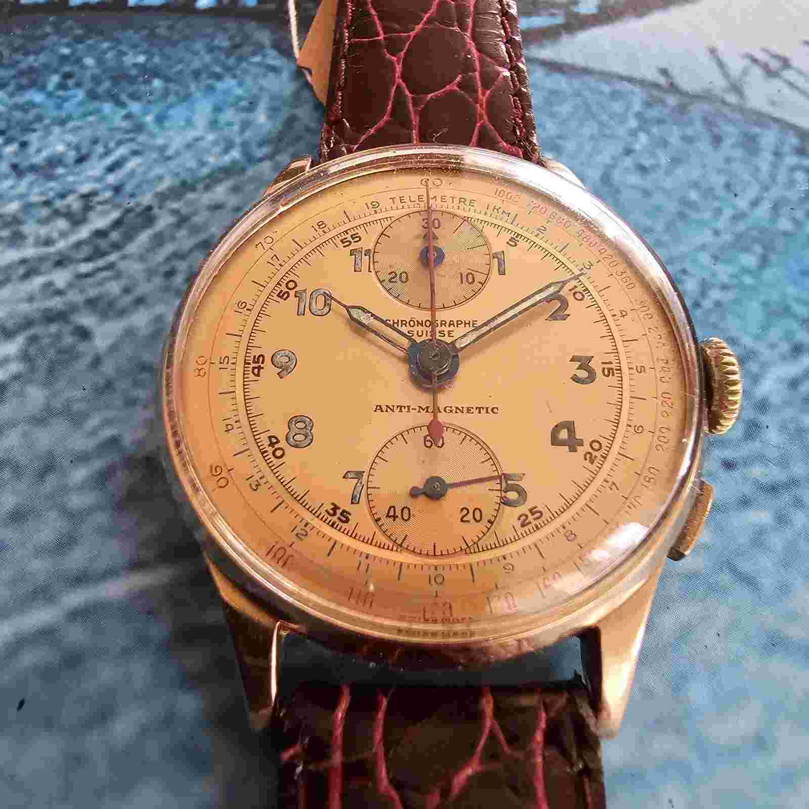 Vintage 18k Solid Gold Chronographe Suisse Hand-Winding Men's Watch Venus 170