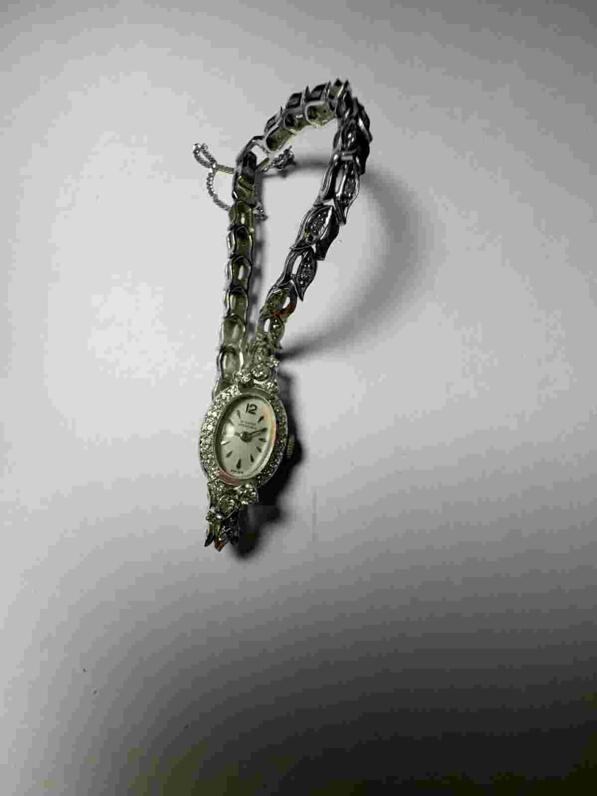 Exquisite Vintage Croton Nivada Grenchen 14K White Gold Diamond Watch