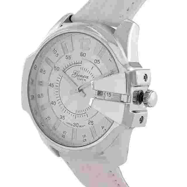 Men's Silver  Tone Date Display Luxury Style Watch With White Leather Strap