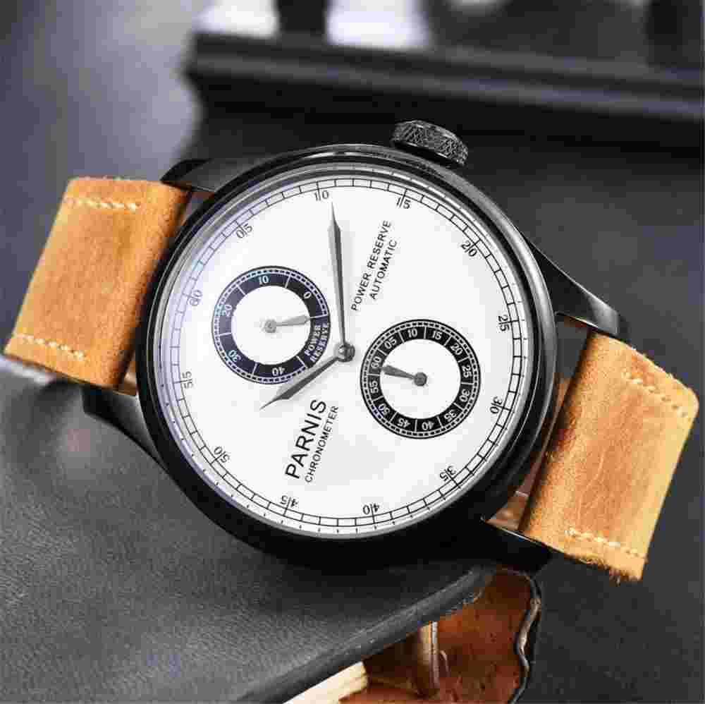 43m PARNIS White Dial PVD Case Leather Bands Power Reserve Automatic Mens Watch