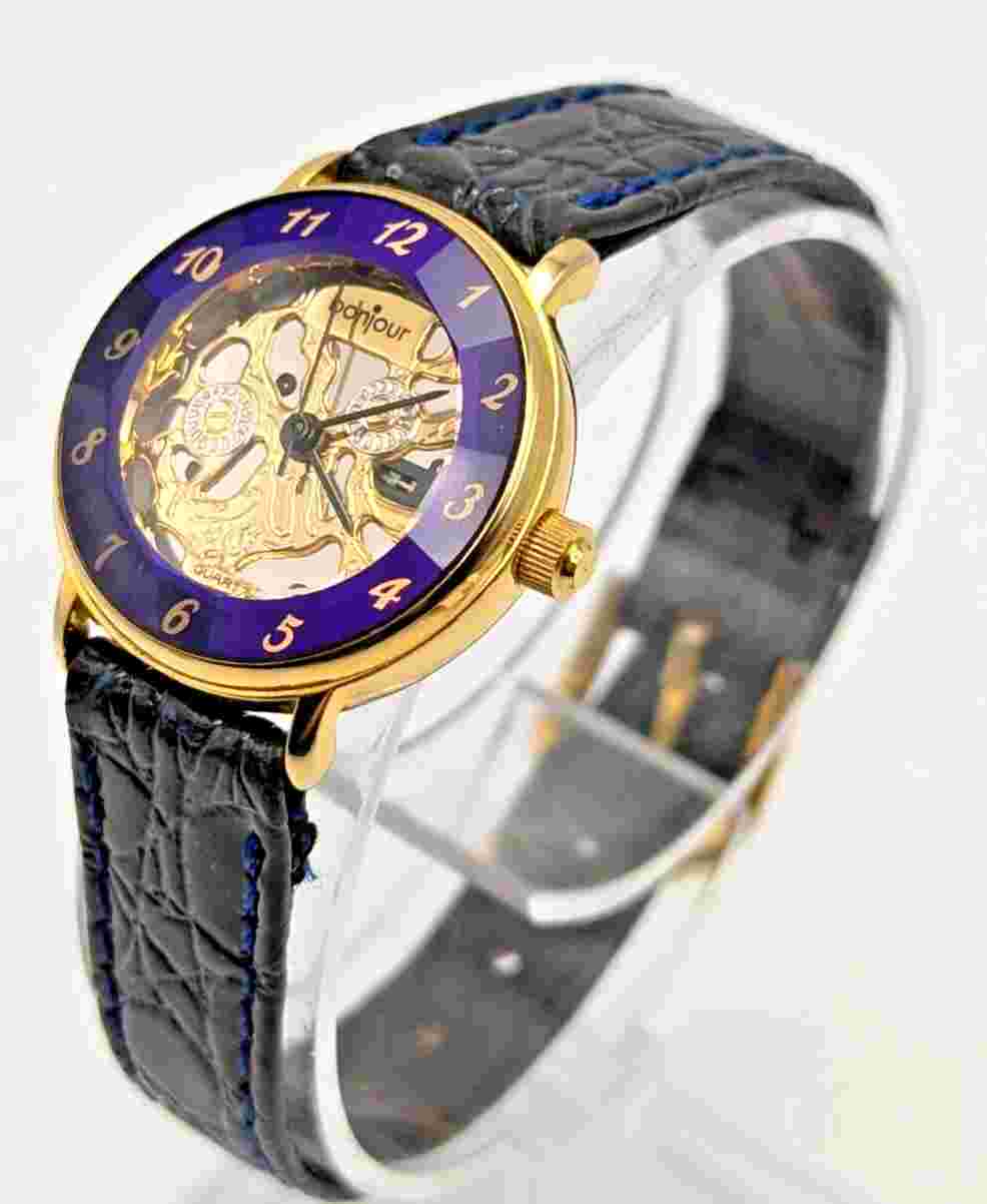 Bonjour Ladies Art Deco Watch Purple Gold Tone Leather Band New Battery