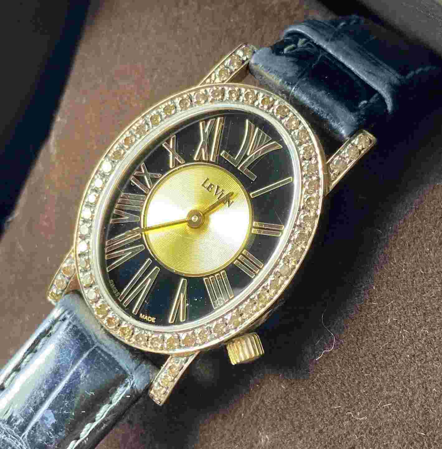 Levian Centurion Yellow Diamond 18K Yellow Gold Black Dial Watch Croc Band