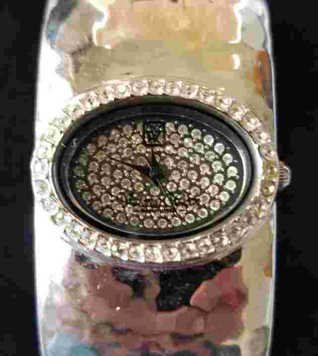 Victoria Wieck Silver Pave Dial Hammered Cuff Watch Crystal Bezel 7" New Battery