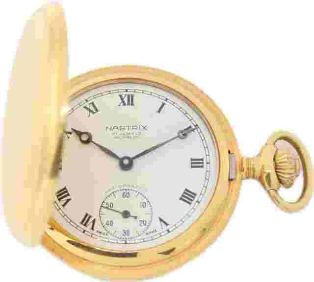 Vintage Nastrix 17 Jewel Hunter Pocket Watch Unitas 6498 Gold Tone Guilloche