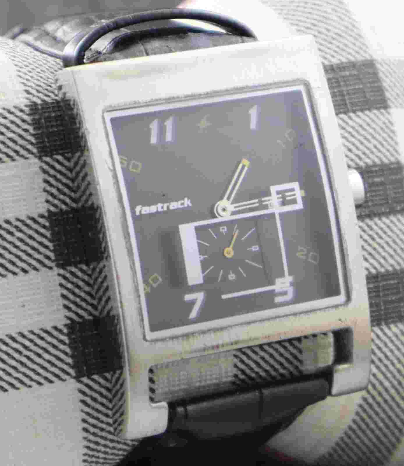 Casual Fastrack Men Sub-Second Black Dial with Date Rectangle Case Quartz Watch