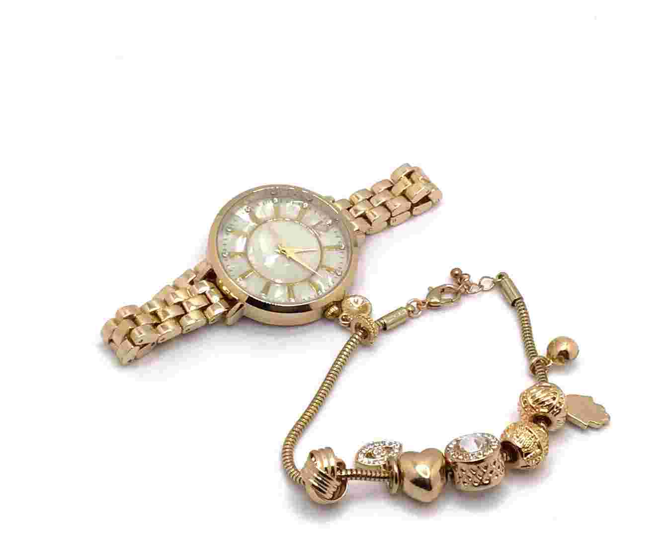 Cote D' Azur Glam Collection Quartz Gold Tone Wrist Watch and Charm Bracelet Set