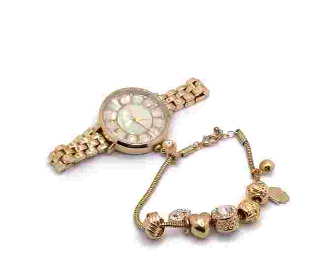 Cote D' Azur Glam Collection Quartz Gold Tone Wrist Watch and Charm Bracelet Set