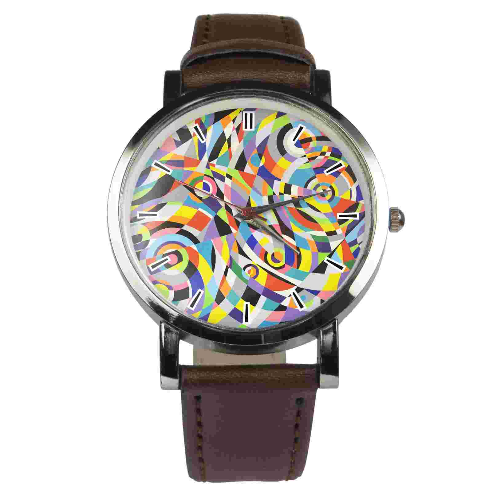 Abstract pattern wristwatch design. Black or brown strap