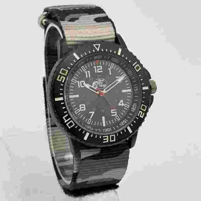 Men's BASS PRO SHOPS Gray Camo Nylon Sport Band, Black 44mm Quartz Watch, Runs