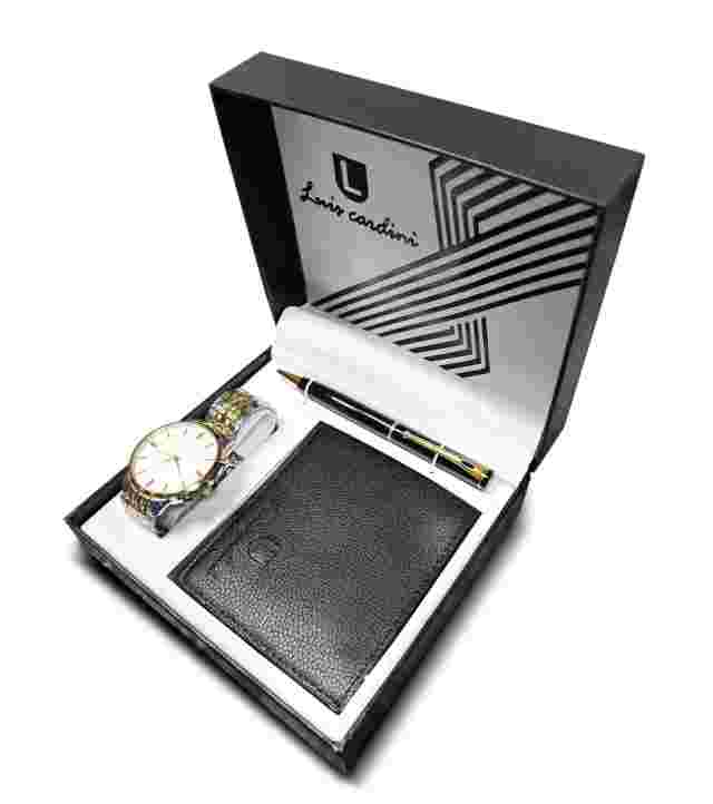 Luis Cardini 15218 Stainless Steel Mens Quartz Watch with Pen & Wallet (Silver)