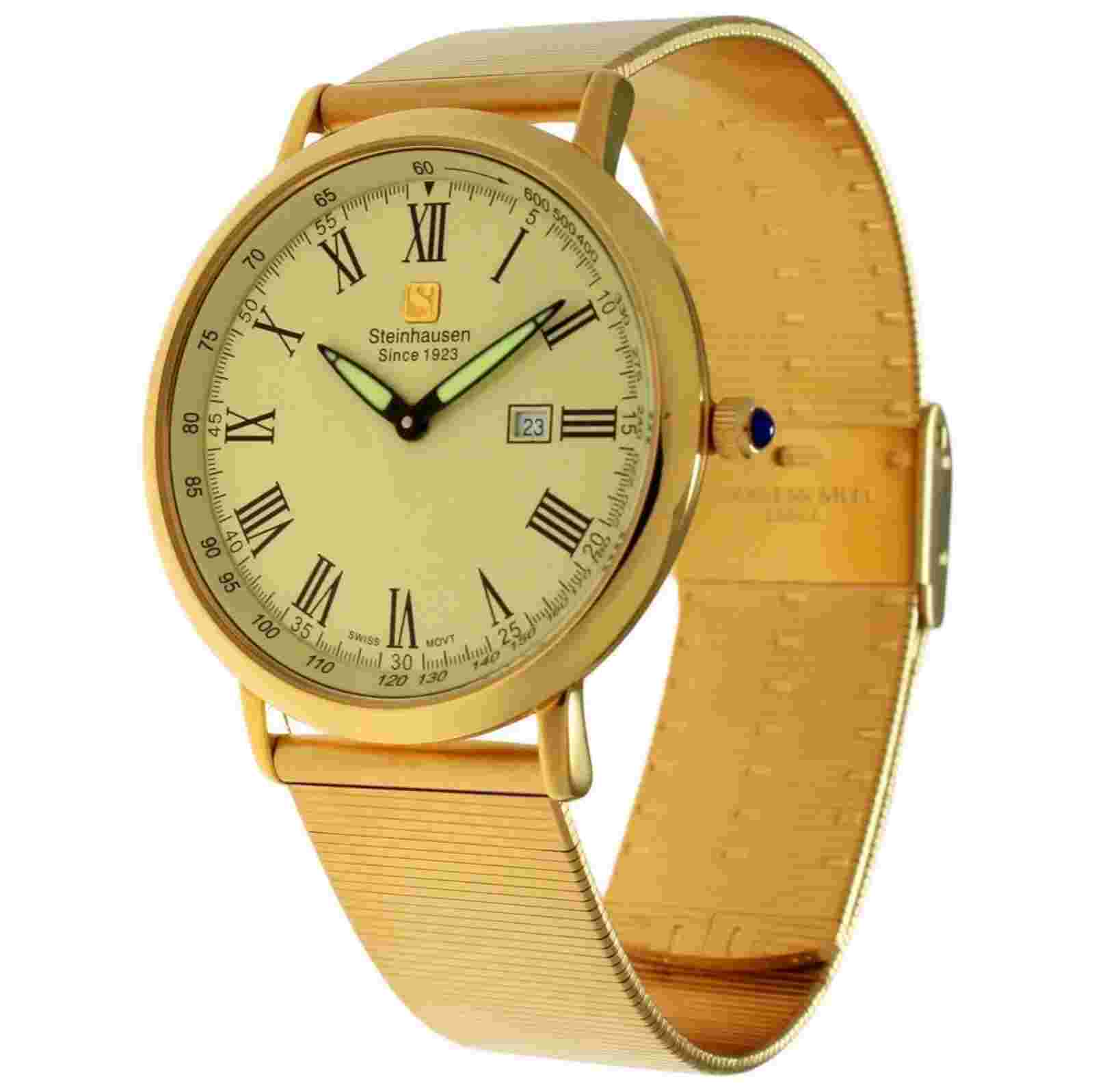 NEW Steinhausen SW493GGMB Mens Dunn Horizon Roman Date UltraThin Gold Watch 30m