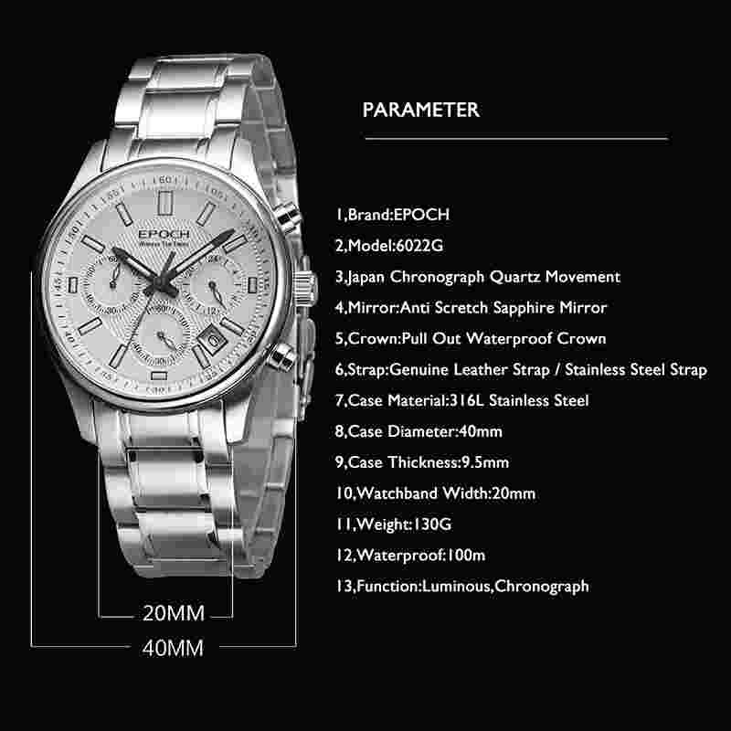 EPOCH Men Chronograph Watch Pilot Luxury Quartz Wristwatch Luminous 10ATM Sport