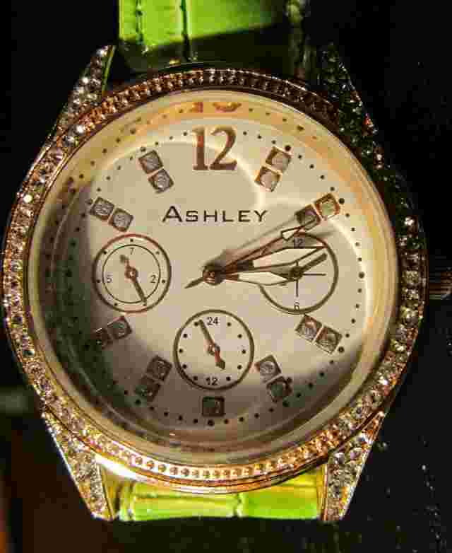Gold Tone Ashley Princess Quartz Watch Crystal Face, White Dial, Green Crocodile