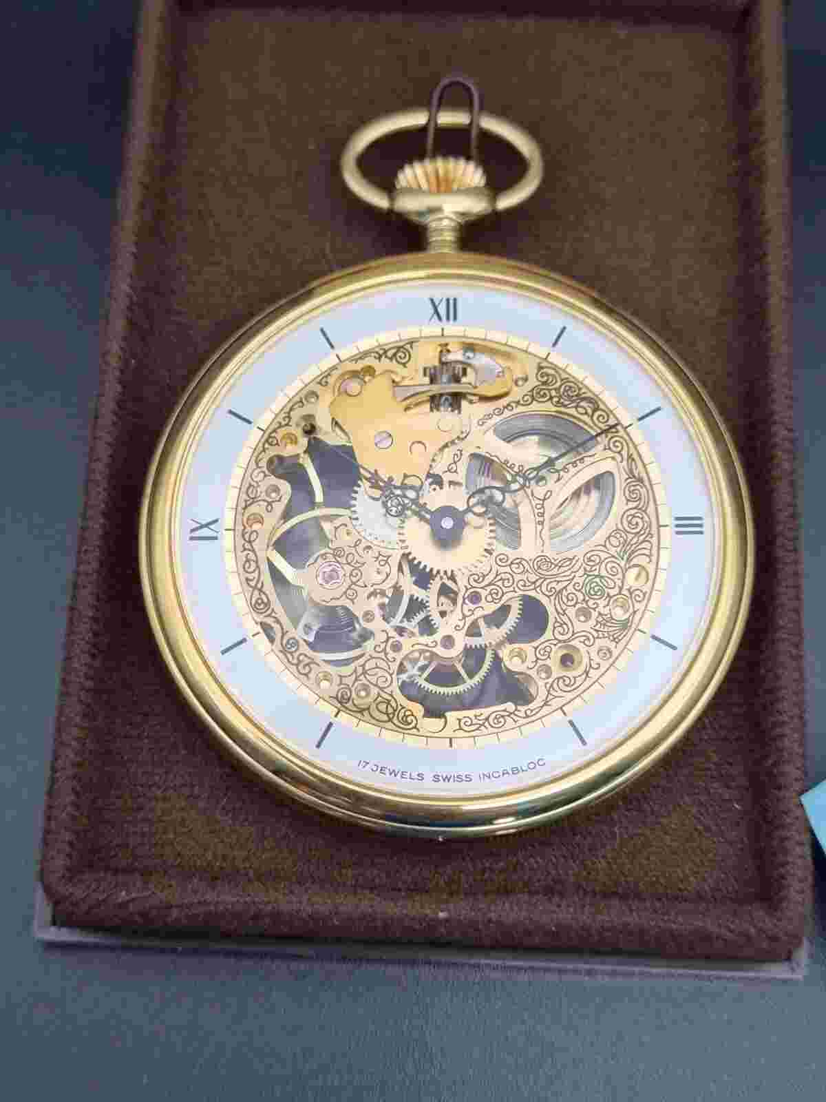 arnex skeleton case gold plated pocket watch boxed