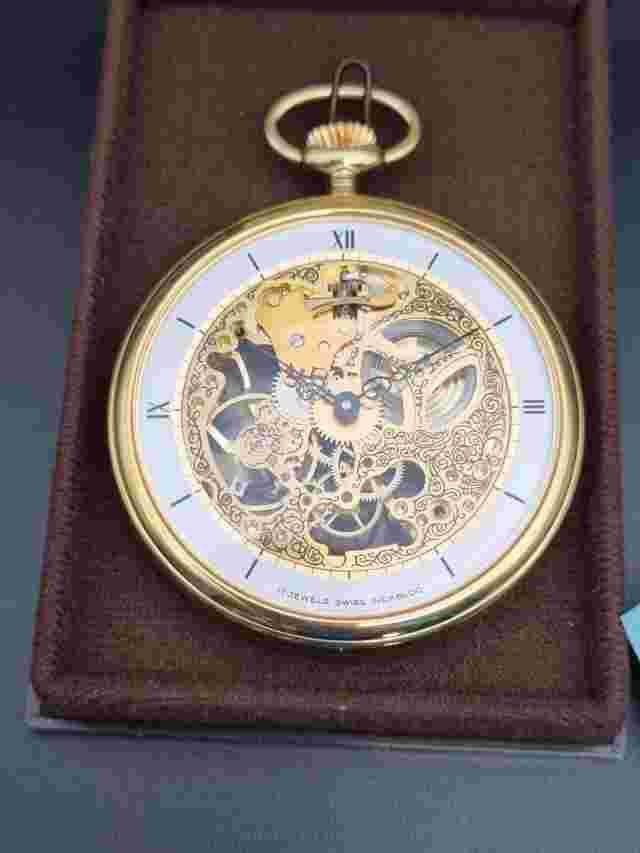 arnex skeleton case gold plated pocket watch boxed