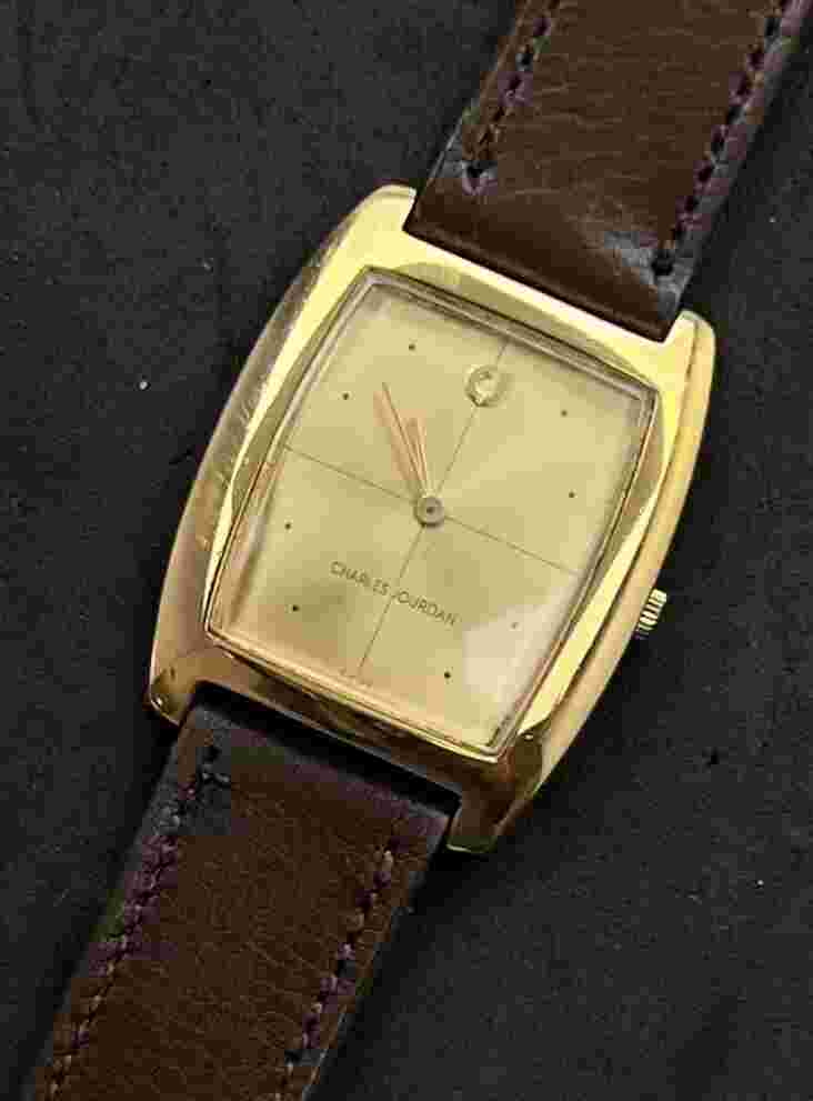 Vintage New 1981 CHARLES JOURDAN Tank Mens 34mm Mechanical Watch Gold 17j Swiss