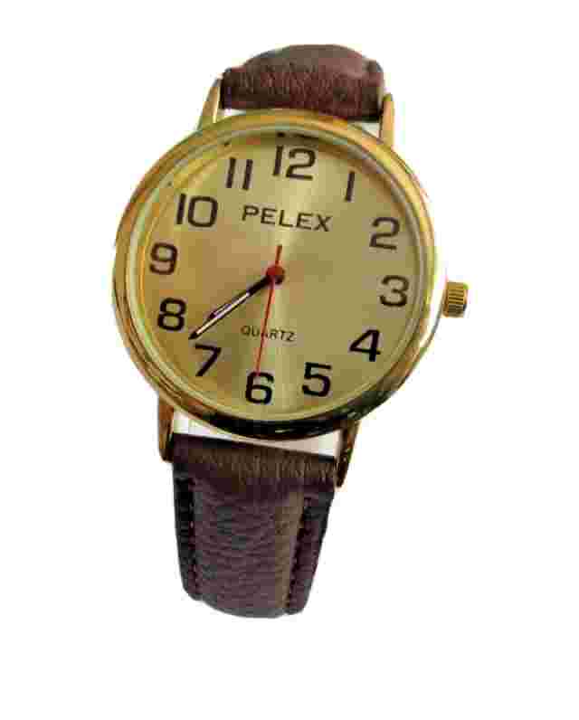 Gents Easy Read Luminous Gold Round Dial Watch by PELEX Black Faux Leather Strap