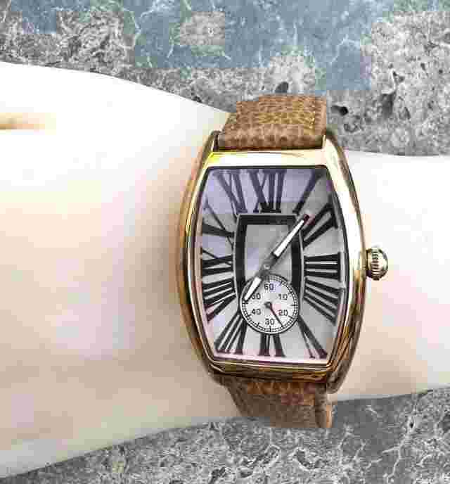 BRONZO ITALIA Rose Gold Tone Watch Tan Embossed Leather Band