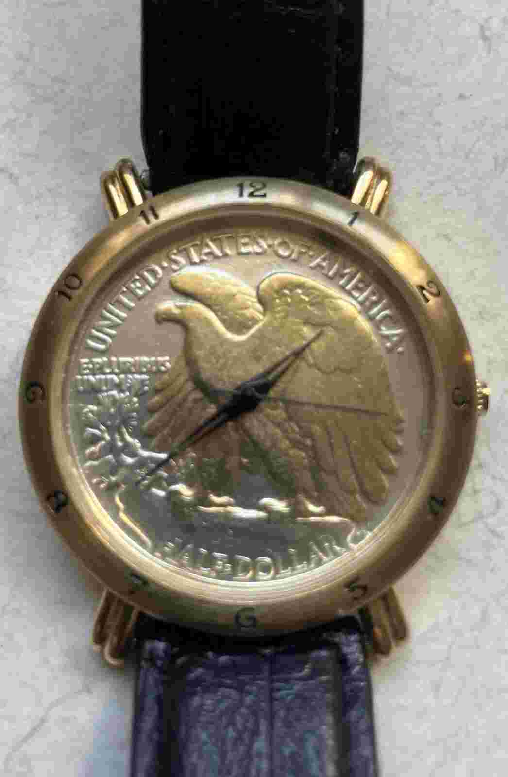 Brittania Half Dollar Eagle Gold Plate Leather Watch New Battery