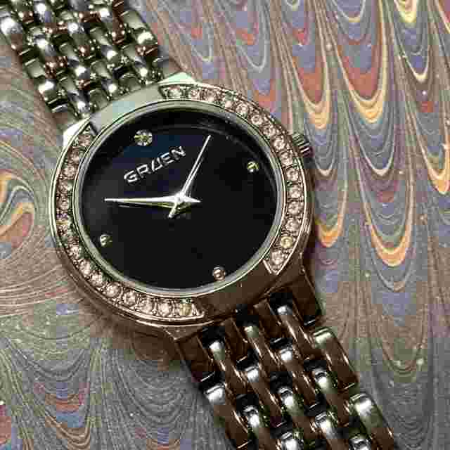 GRUEN Ladies Watch Silver-Tone Black Dial RHINESTONES - Very Good Running Cond