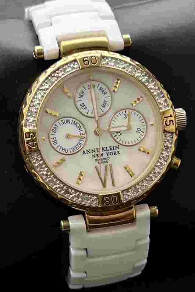Vintage New ANNE KLEIN Ceramic Diamond Triple Calendar Women Swiss Quartz Watch