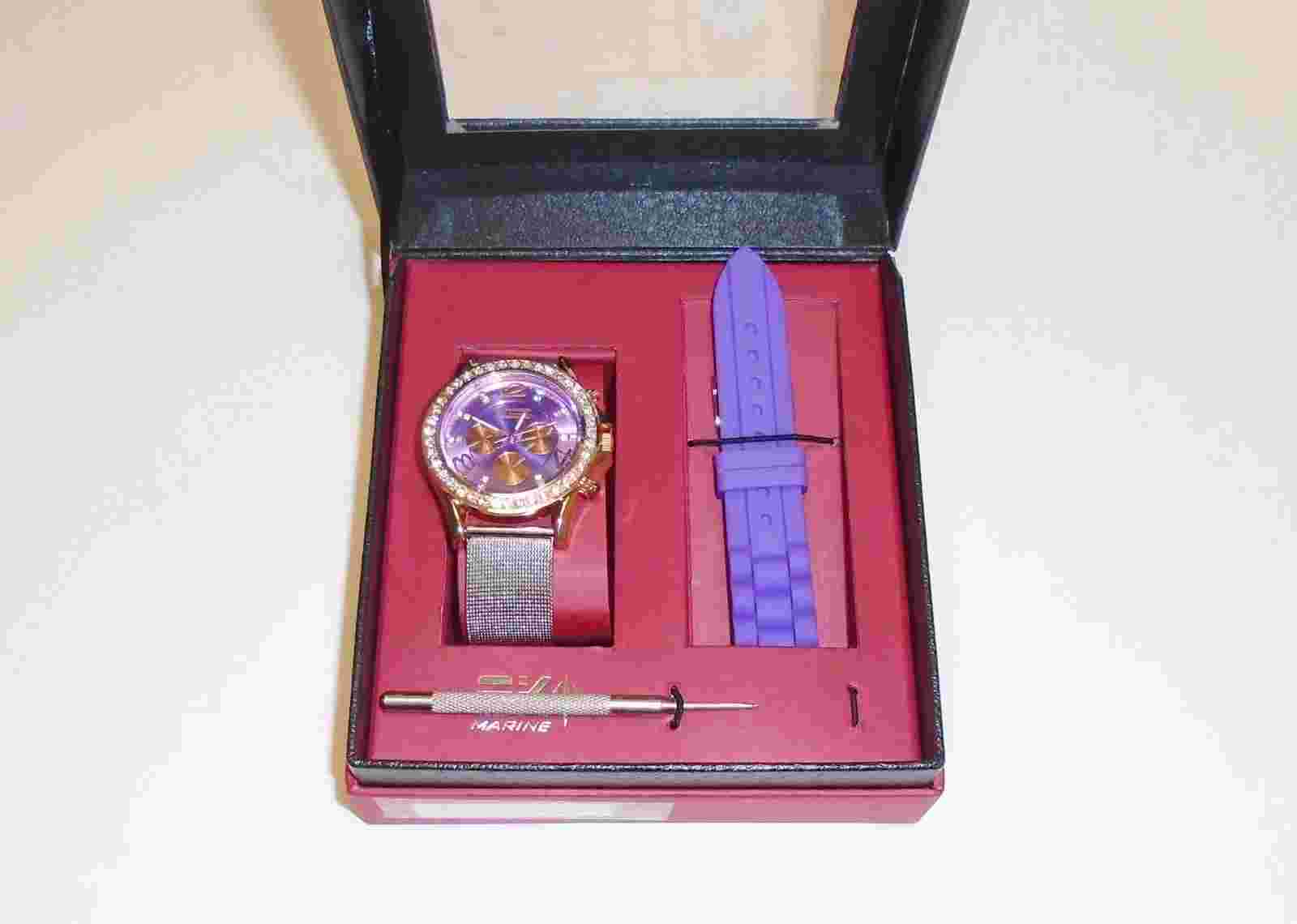 NEW SKY MARINE ROSE GOLD,INTERCHANGEABLE PURPLE SILICONE+SILVER MESH BAND WATCH