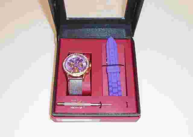NEW SKY MARINE ROSE GOLD,INTERCHANGEABLE PURPLE SILICONE+SILVER MESH BAND WATCH