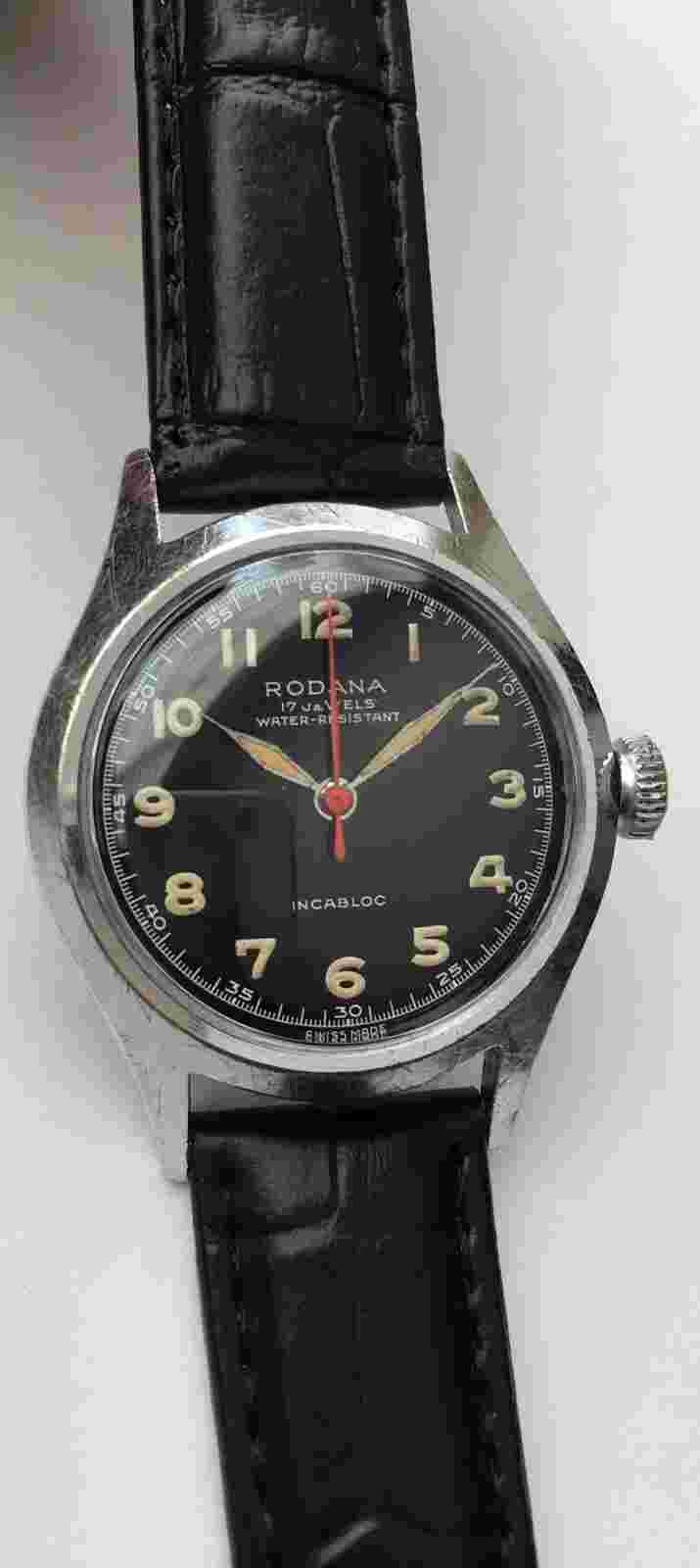 Vintage RODANA Military Watch 17 Jewels Incabloc Antimagnetic BLACK DIAL