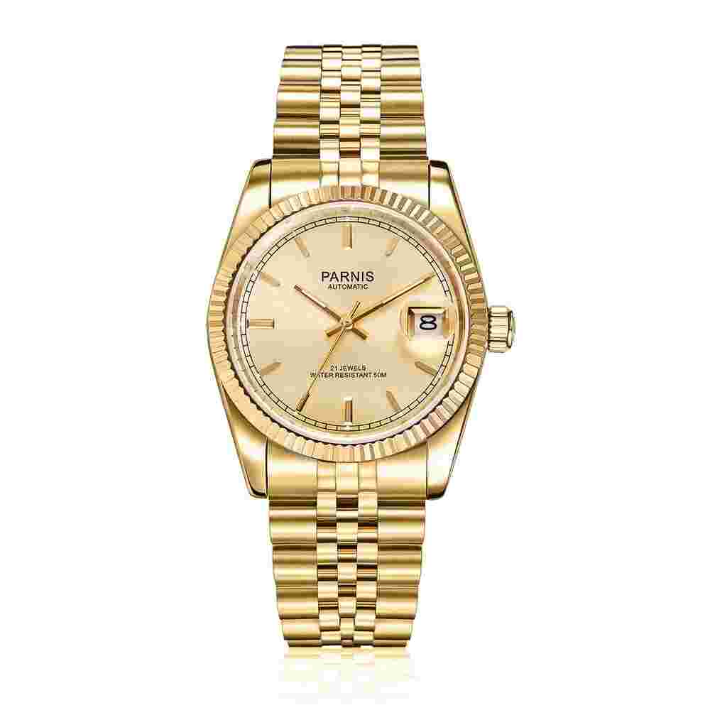 36mm Parnis Miyota 21 Jewels Automatic Sapphire Crystal Gold Wristwatch